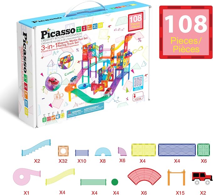 PicassoTiles 108 Pcs Marble Run with Race Track Set with Magnetic Tiles Cars and Marbles STEM Learning Toy 3-in-1 Building Construction Kit for Indoor Activity Development Boys & Girls Ages 3+ PTG108