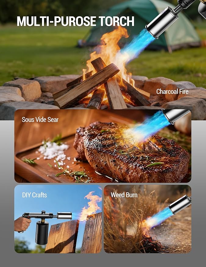 ThermoMaven Propane Torch with One-Touch Max Fire, Cooking Blow Torch Gun with Safety Lock, Charcoal Lighter, Flame Thrower, Gas Welding Kit Kitchen Food Torch Head for Grill, Sous Vide, BBQ, Red