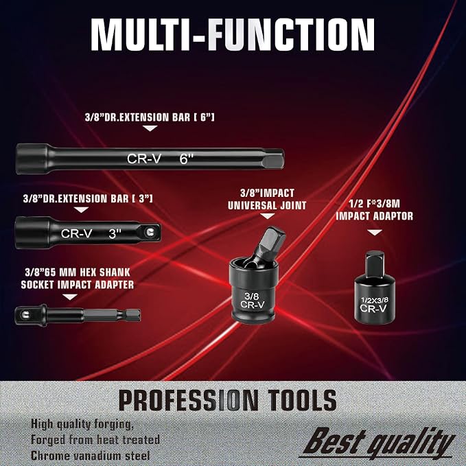 3/8" Drive Impact Socket Set 64-Piece, Deep & Shallow SAE (5/16"-1") & Metric (6-24mm), with 3/8-Inch Ratchet Handle, 6 Points,Cr-V, Extension Bars, Universal Joint, Gift for Men