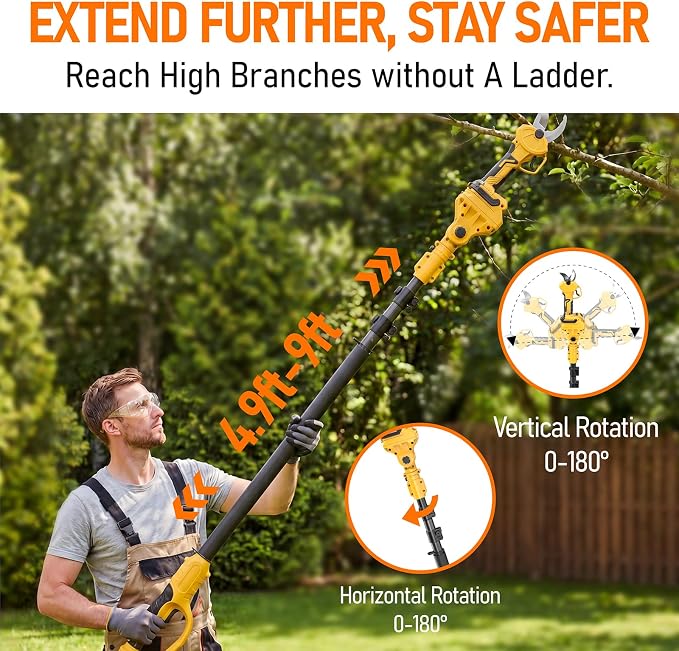 2 IN 1 Electric Pole Pruner Compatible with Dewalt 20V Battery(No Battery) | Electric Pruning Shears with 1.6" Cutting Diameter, 4 Modes, LCD Display for High Branch & Tree Trimming