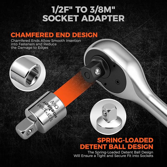 HORUSDY 1/2" Drive 90T Quick-Release Ratchet Handle, Reversible Chrome Alloy Socket Wrench with 1/2" to 3/8" Adapter, Durable and Comfortable for Automotive, DIY, Industrial and Bicycle Repairs