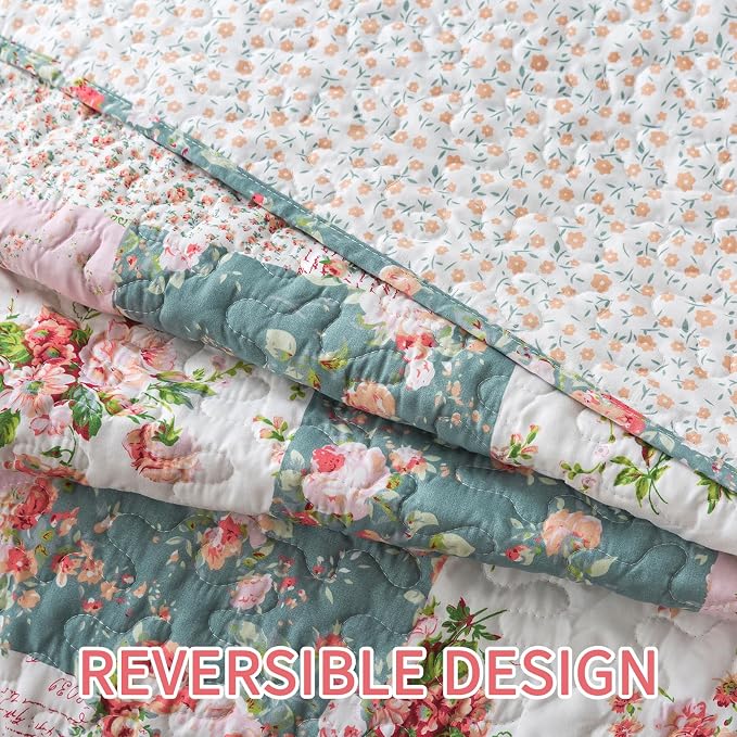 BEDIFANY French Style Queen Size Quilt Set for Farmhouse - 3 Pieces Cotton Filling Garden Lightweight Bedspreads Queen with Floral Pattern - All Season Quilt Bedding Sets for Decorations