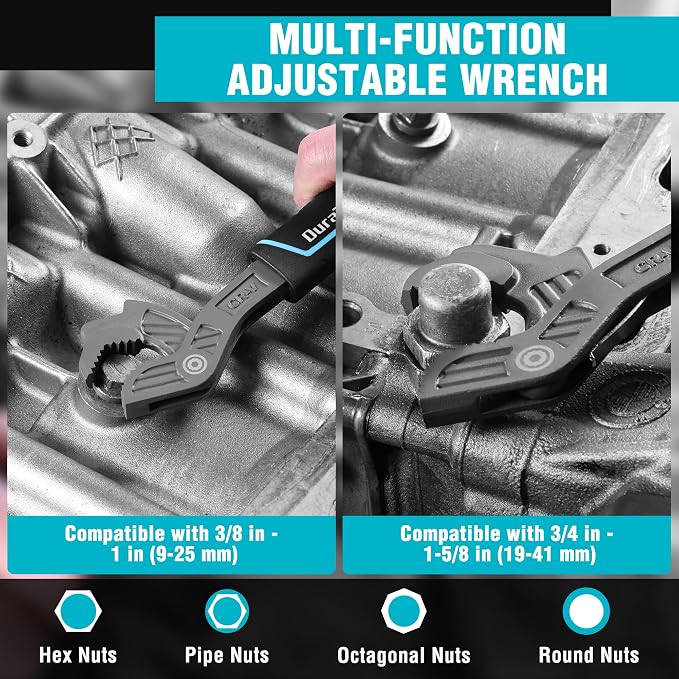 DURATECH 2-Piece Self-Adjusting Wrench Set, 8" & 12" Pipe Wrenches | Adjustable Size 3/8"-1-5/8"(9-41mm), Cr-V Steel, Non-Slip TPR Handle, Pouch, For Home Repair, Mechanic and DIY Projects