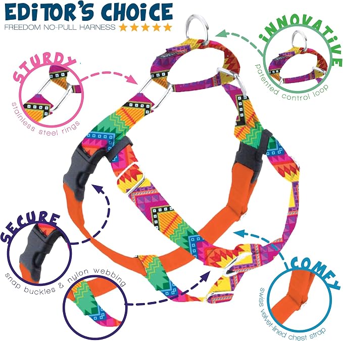 2 Hounds Design - Freedom No-Pull Harness & Training Leash in Multi-Color | Dual Leash Loops, No Pulling on Walks | Lined to Prevent Chaffing | for Small Sized Dogs (Size S, Chest 20”- 24”)