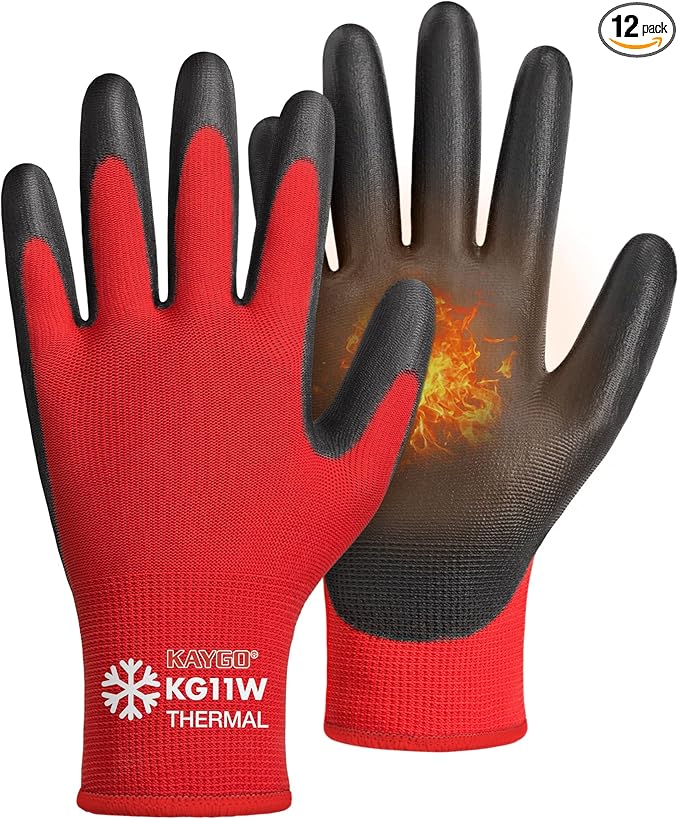 KAYGO 12 Pairs Winter Work Gloves for Men and Women, Thermal Insulated Safety Work Gloves PU Coated, Super Grip,Ideal for Freezer Work,Red,L