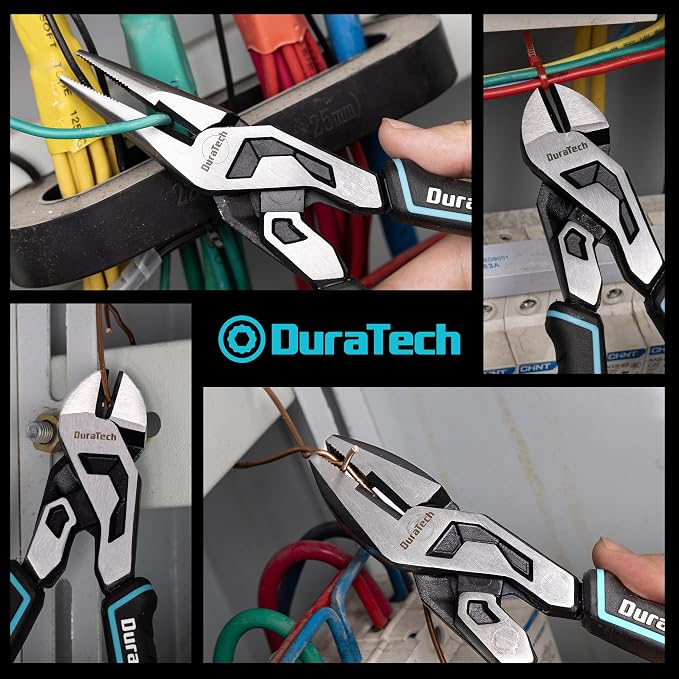 DURATECH 3-Piece Compound Pliers Set, Gen 2 Dual Pivot Design for Ultra Labor-Saving, High-Leverage 8.5" Needle Nose Pliers, 8" Diagonal Cutters, 8" Lineman's with Wire Cutter & TPR Grip, CR-V Steel
