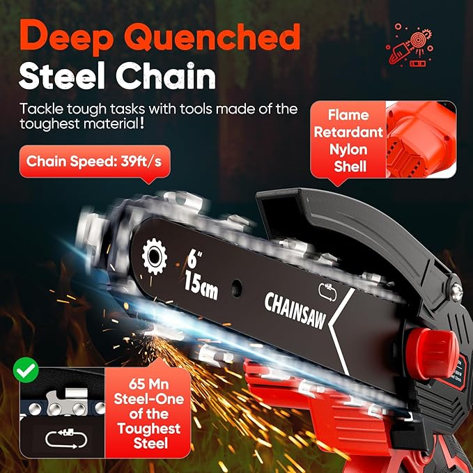 Mini Chainsaw- 6 Inch Electric Mini Chain Saw Cordless Battery Powered One-Hand Tree Trimming Saw with 2 Batteries, Portable Gardening Gadgets for Men, Unique Birthday Gifts (Red)