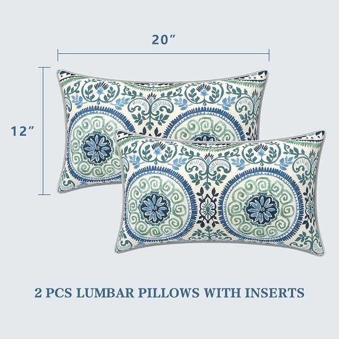 LVTXIII 2 Pack Outdoor Lumbar Pillows 12x20 Inch with White Piping, Fade Resistant Support Throw Pillows with Inserts for Patio Furniture, Sofa, Chair, Coastal Medallion