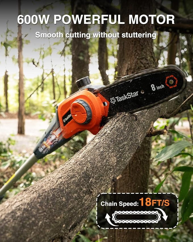 TaskStar 8-Inch Cordless Pole Saw, Electric Pole Saws for Tree Trimming, 2×4000mAh Batteries, 600W Powerful Motor, Max Reach 15Ft, Tool-Free Chain Tensioning, Auto Lubrication