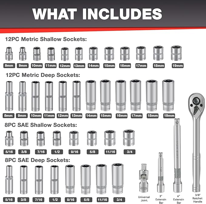 EACELIY 44pcs 3/8" Drive Impact Socket Set,Drive Master Socket Set,SAE/Metric, Deep & Shallow with 3/8" Drive Head Ratchet,Universal Joint,Extension bar (3” & 6”),6 Point,CR-V Steel，Mirror Chrome