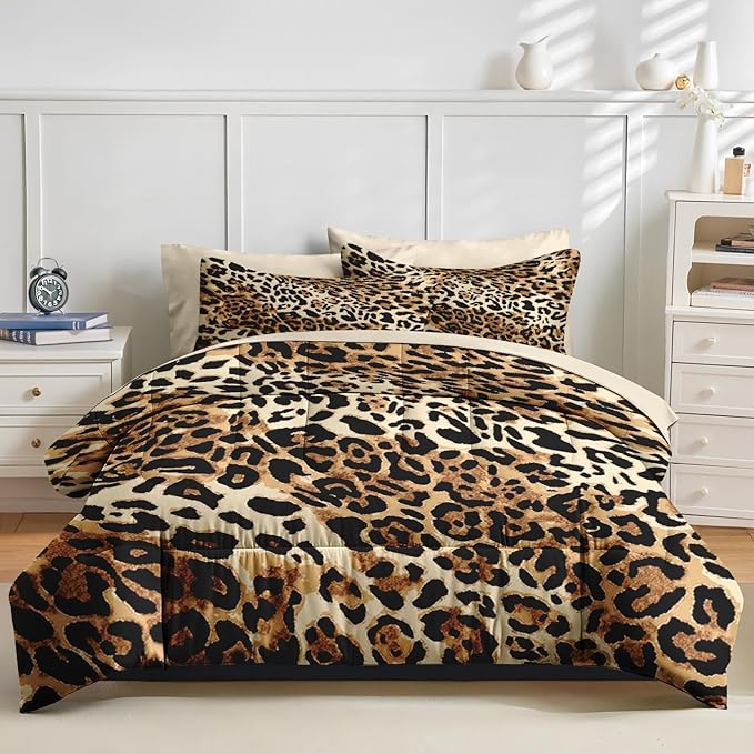 Nesker Comforter Set Full Size, Leopard Print Wild Cheetah 7 Pcs Bedding for Kids and Adults, Animal Safari Skin Pattern Bed Sheet Sets with Fitted Sheet 2 Pillowcases & 2 Shams
