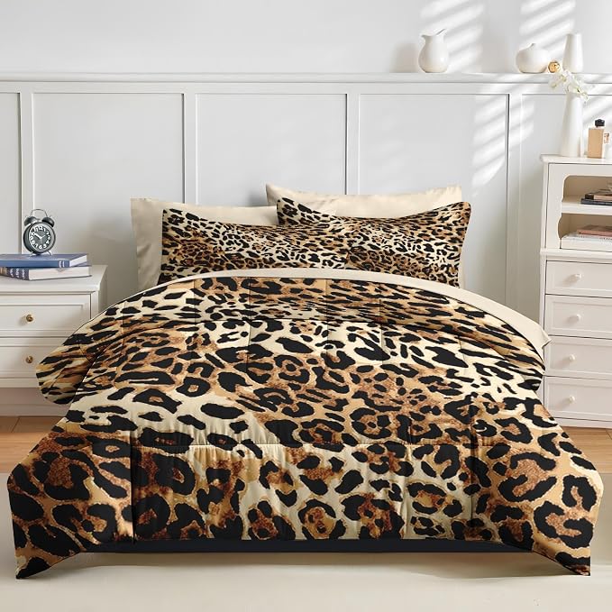 Nesker Comforter Set Twin Size, Leopard Print Cheetah Wild 5 Pcs Bedding for Kids and Adults, Animal Safari Skin Pattern Bed Sheet Sets with Fitted Sheet Pillowcase & Sham