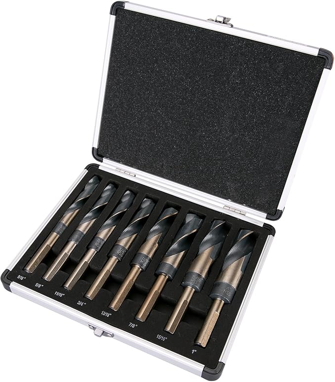 EFFICERE 8-Piece Premium 1/2” Reduced Shank Silver and Deming Large Drill Bit Set in Aluminum Carry Case, M2 High Speed Steel, 135-Degree Split Point | SAE Inch Size 9/16” - 1” by 1/16th Increment