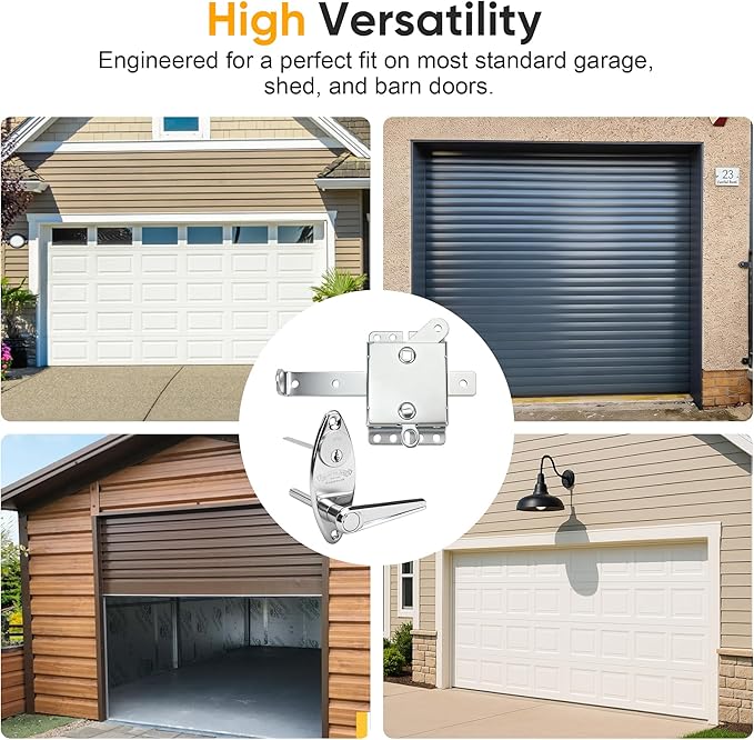 Heavy-Duty Garage Door Lock Kit, Universal L-Handle with Inside Side Latch, Copper Cylinder & Keys, Zinc Alloy Handle, Complete Hardware Set for Shed Barn Garage Doors, 3 Sizes Screws-2 Set