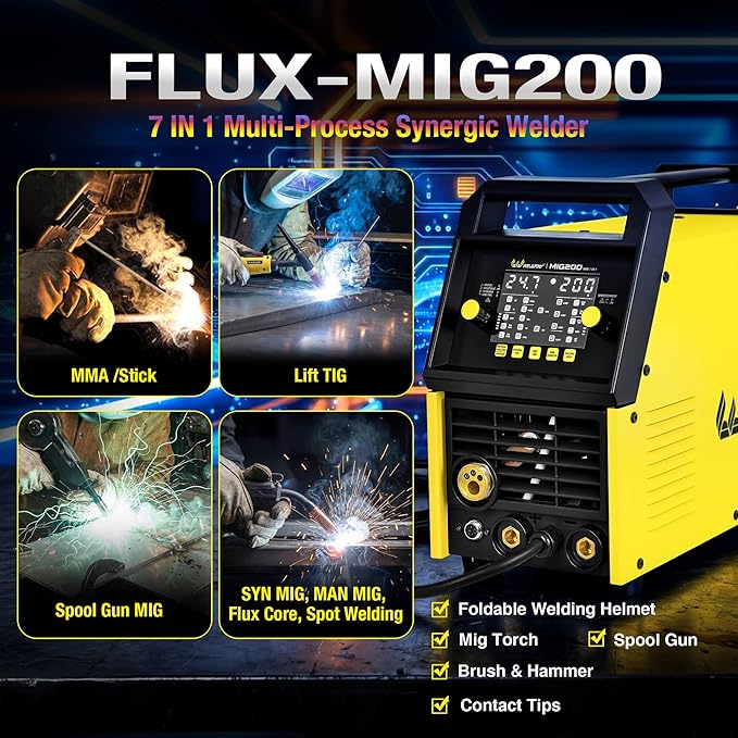Weldpro 200 Amp MIG Welder, 110/220V 7-in-1 Manual MIG/Synergic MIG/Gasless MIG/Lift TIG/MMA/Spot/Spool Gun Aluminum Multi-process Welding Machine with Large LED Display, IGBT, 2T/4T, Spool Gun