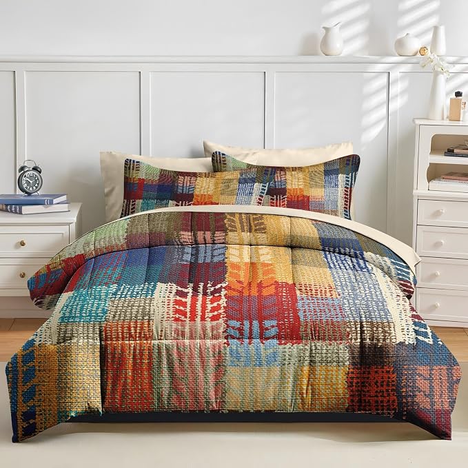 Nesker Comforter Set King Size, Boho Vintage Geometric 7 Pcs Bedding for Kids and Adults, Painting Colorful African Bed Sheet Sets with Fitted Sheet 2 Pillowcases & 2 Shams