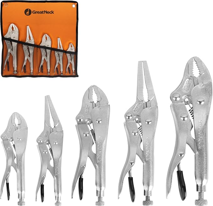 GreatNeck 74230 5-Piece Locking Plier Set – Curved & Long Nose Pliers with Plastisol Trigger Release, Diagonal Tooth Grip, Wire Cutter & Storage Pouch – Durable Alloy Steel Construction