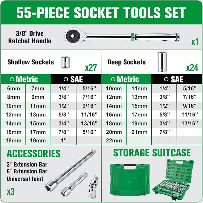 SK 3/8" Drive Socket Set with 216-P Ratchet, SAE & Metric,CR-V Steel | 55-Piece Sockets with Quick-Release Ratchet, SuperKrome Finish, Heat Treated, with Storage Suitcase