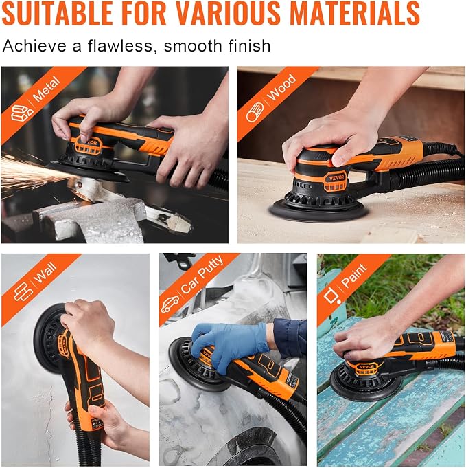 VEVOR Random Orbital Sander 5 & 6-Inch, 350W Brushless Orbital Sander, 10,000 PRM 6 Variable Speed Electric Palm Sander with 20PCS Sandpapers, Dust Connector & Hose for Woodworking Detailing Sanding