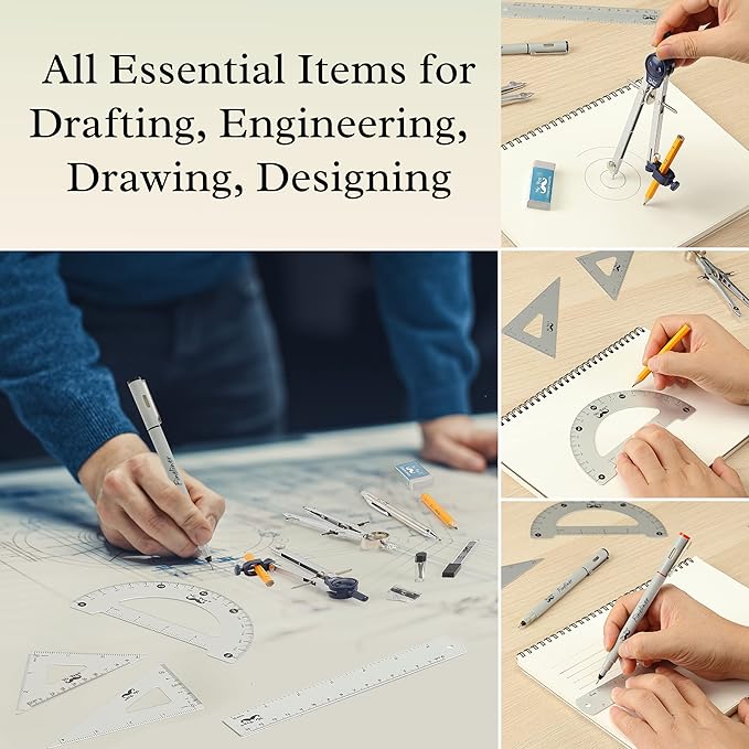 Mr. Pen- Professional Geometry Set, 15 pcs, Drafting Tools with Protractor, Compass, Metal Ruler, Triangles, Pens & Pencils, Complete Geometry & Drafting Kit for Architects, Engineers & Students