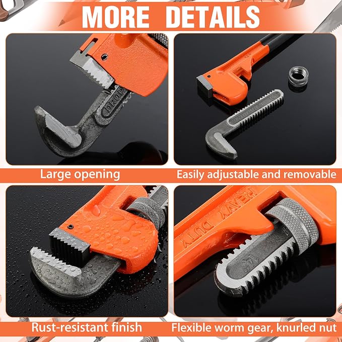 4 Piece Heavy Duty Pipe Wrench Set - 8", 10", 12", 14", Adjustable Chrome Vanadium Steel Plumbing Wrench Set with Soft Handle & Gloves for Plumbers, Pipeline, Auto Repair