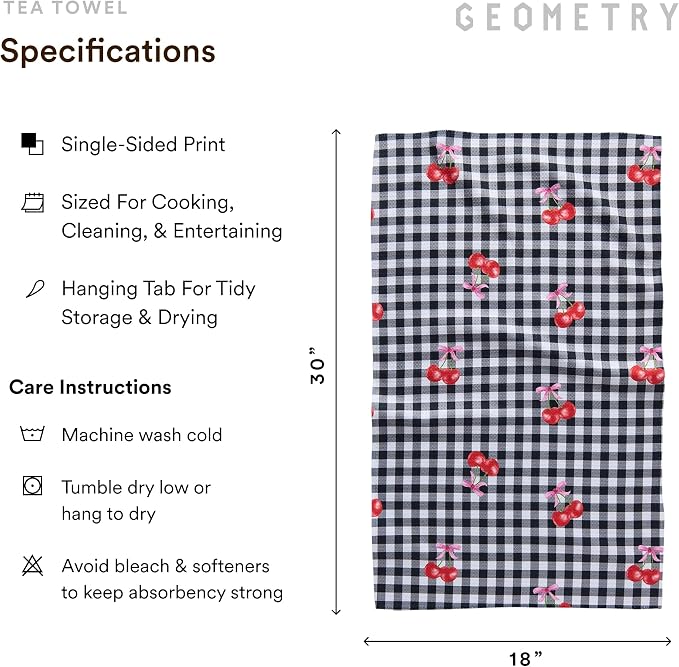GEOMETRY Tea Towels – Spring & Summer Collection – Quick-Dry, Ultra-Absorbent, Reusable Microfiber Kitchen Towels for Drying & Cleaning (Cherry Bow, 2-Pack)