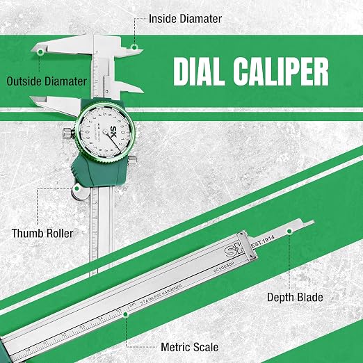 SK Metric Dial Caliper, 150mm Caliper Measuring Tool with Shock-Proof Design, 4 Measurement Methods Stainless Steel Calipers, ±0.03mm Accuracy