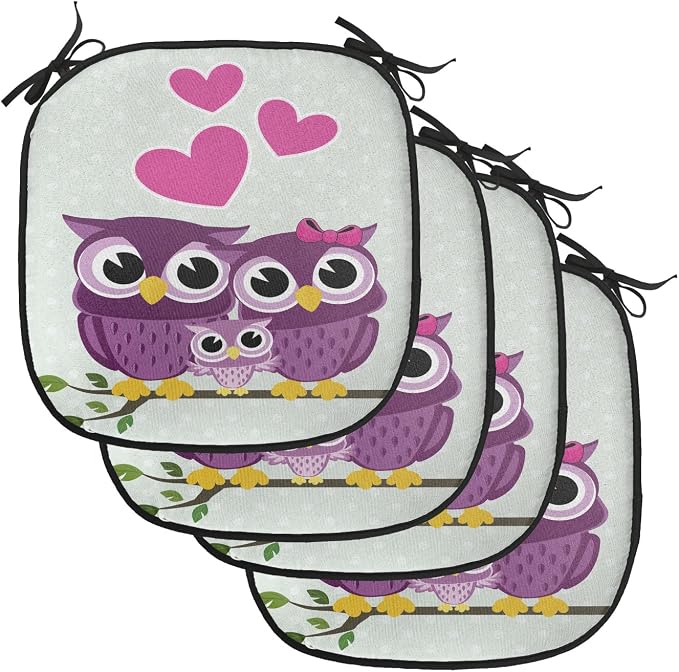 Lunarable Owls Chair Cushion Pads Set of 4, Animal Couple Owl Sitting on a Branch Family Portrait Cartoon Art, Anti-Slip Seat Padding for Kitchen & Patio, 16"x16", Purple Yellow Pink