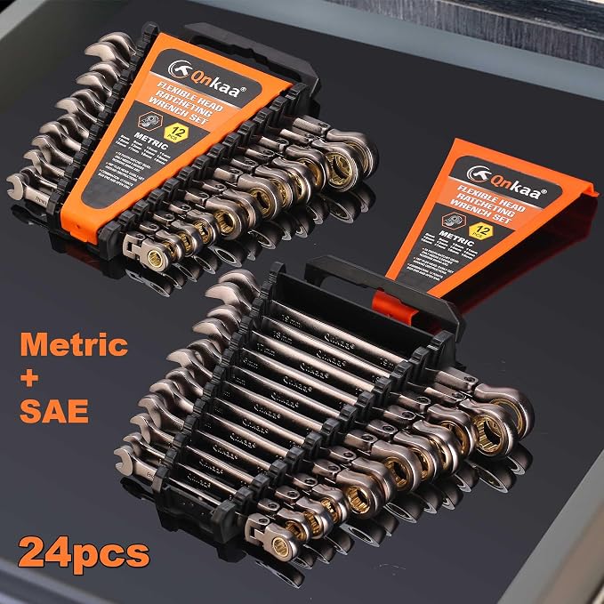 Qnkaa Flexible Ratcheting Wrench Set 24pcs Metric 8-19mm & SAE 1/4” to 7/8“ | Flex-Head Spanner Gear Ring Ratchet Combination Wrenches Kit with Portable Organizer