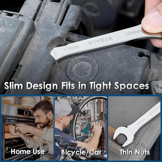 YIYEIE 9Pcs Super-Thin Wrench Set, 3mm Ultra-Slim Open End Wrench Set | SAE 1/4" to 1-1/16", Flat Wrenches for Tight Space, 3mm Thickness, Low-Profile, CR-V Steel, with Mirror Finish