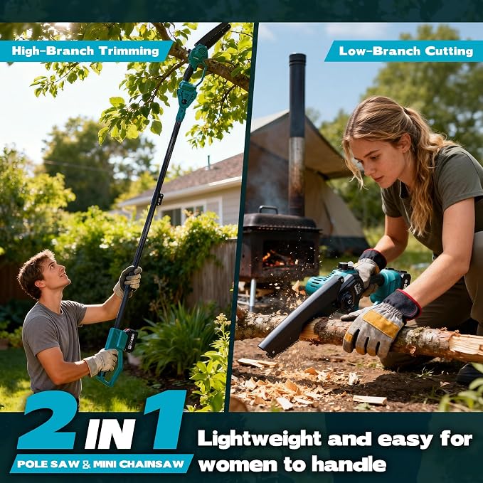 2-in-1 Electric Pole Saw for Tree Trimming,1200W Brushless Cordless Pole Saw & 8 Inch Mini Chainsaw with 2 x 4.0Ah 21V Batteries,16 FT Max Reach & Multi-Angle, Tree Trimmer for Branch Cutting.