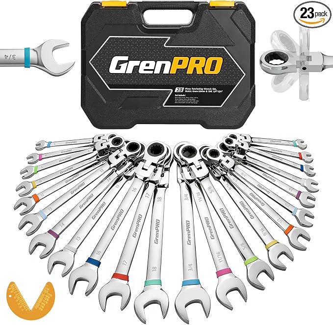 GRENPRO 23PC Flex Head Ratcheting Wrench Set Metric&SAE Combination OpenEnd | 1/4"-3/4"&6-18MM Bolt Gauge, CR-V Steel 72-Tooth 180-Degree Flex-Head 12Pt, Color Rings, Storage Box For Auto & Home Repair