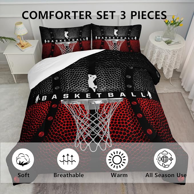 Axolotl Basketball Bedding Set for Boys Kids Teens,Black and Red Sports Themed Bedding,3D Basketball Comforter,Ball Sports Games Quilt Set with 1 Comforter and 2 Pillowcases All Season,King Size