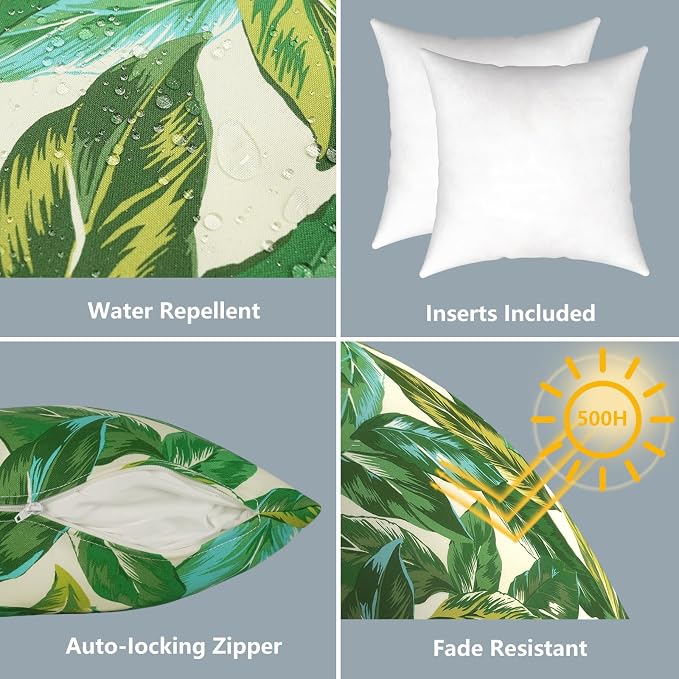 LVTXIII Outdoor Throw Pillows 16x16 Inch, Set of 2 Square Decorative Pillows with Inserts for Patio Furniture, Porch Chair, Garden Sofa, Lush Leaf Jungle