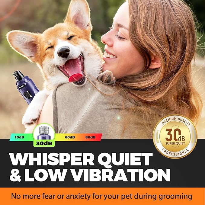 Whisper Quiet Dog Nail Grinder with 4 LED Lights, Safe & Stress-Free for Sensitive Dogs Cats of All Breeds & Sizes, 3 Grinding Bits, 3-Speed, Pet Nail Trimmers, Rechargeable Painless Grooming Kit Blue