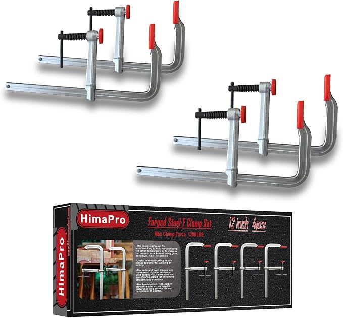 HimaPro 12 Inch Heavy Duty Bar Clamp Set, 4 Pack – Drop Forged Steel F-Clamps with 1200 lbs Load Capacity and 4-3/4 Inch Throat Depth for Welding, Woodworking, and Metalworking