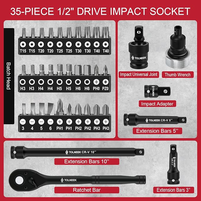 63-Piece 1/2" Drive Impact Socket Set, SAE (3/8 to 1 inch) and Metric (10-24mm) Socket Wrench Set with Extension Bars, Palm Ratchet Kit, CR-V Steel for Auto/Industrial Repairs