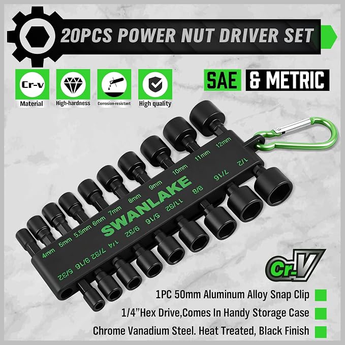 SWANLAKE 20PCS Power Nut Driver Set for Impact Drill, 1/4” Hex Head Drill Bit Set SAE and Metric