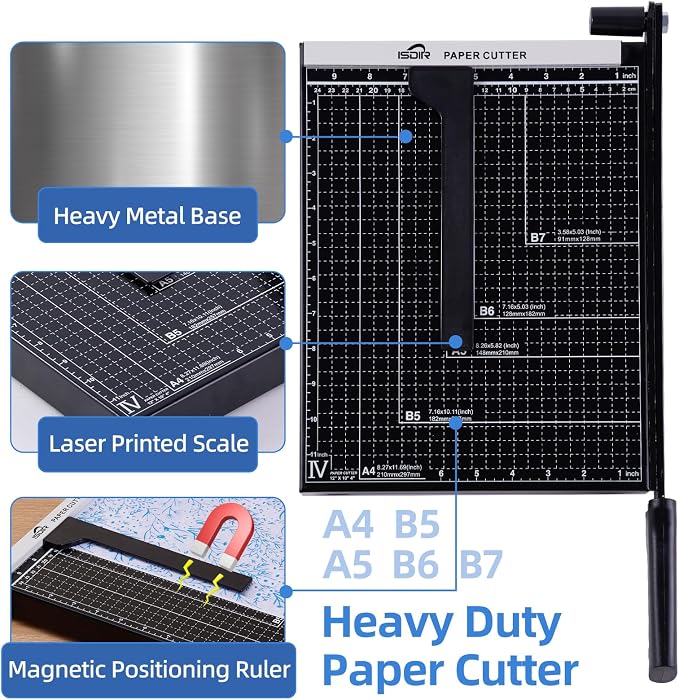 ISDIR 12” Heavy Duty Metal Paper Cutter - 15 Sheet High Capacity Guillotine Trimmer with Blade Safety Lock & Magnetic Guide, Professional Craft Cutter for Cardstock, Photos, DIY & Office