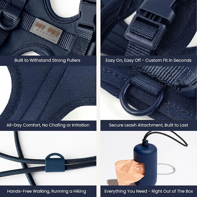 No Pull Dog Harness and Leash Set 3-in-1 Adjustable Anti Pull Dog Harness with Hands-Free Matching Leash,Poop Bag Holder,Easy Walk Dog Harness Medium Sized Dog(Navy Blue)