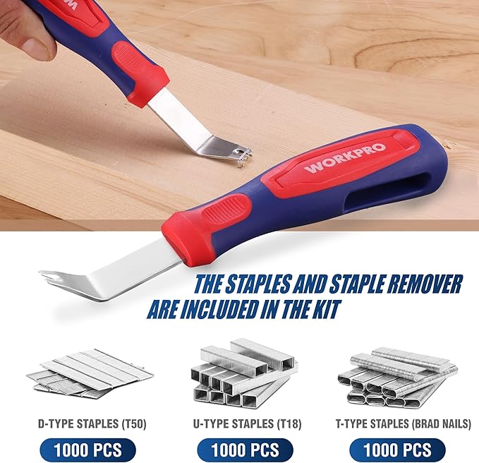 WORKPRO Upholstery Staple Gun, 3-in-1 Heavy Duty Staple Gun with Power Adjustment, 3000 pcs Staples and Stapler Remover, Manual Brad Nailer for Wood, Upholstery, Carpentry, Decoration DIY, Furniture