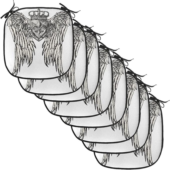 Lunarable Fleur De Lis Chair Cushion Pads Set of 8, Tribal Tattoo Design with Wings Historic Crest Crown and Eagle, Anti-Slip Seat Padding for Kitchen & Patio, 16"x16", Eggshell Black