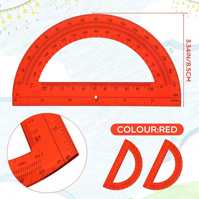 EBOOT Plastic Protractor Math Protractors 180 Degrees, 6 Inch, Pack of 2 (Red)