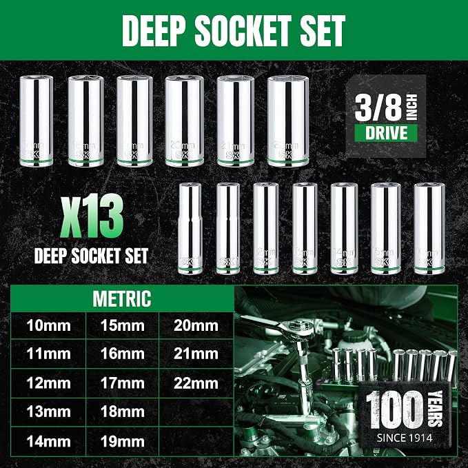 SK 3/8" Drive Socket Set, Deep Metric Sockets, 13-Piece 10-22mm | SuperKrome Finish, Premium CR-V Steel, with Aluminum Socket Organizer