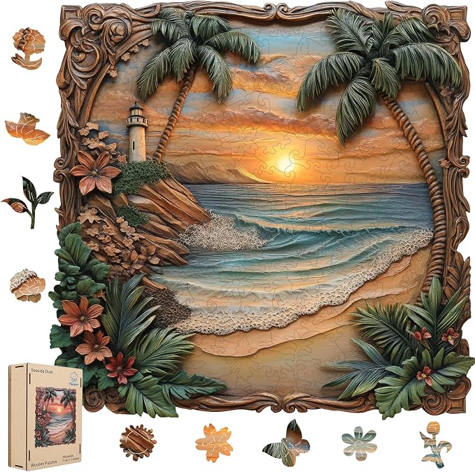 Pikoqunc Seaside Dusk Wooden Puzzles,503 Pieces16.1x15.8 Inches,Laser-Cut Art Jigsaw with Challenging Irregular Pieces,Relaxing Brain Teaser and Elegant Gift for Adults and Puzzle Lovers