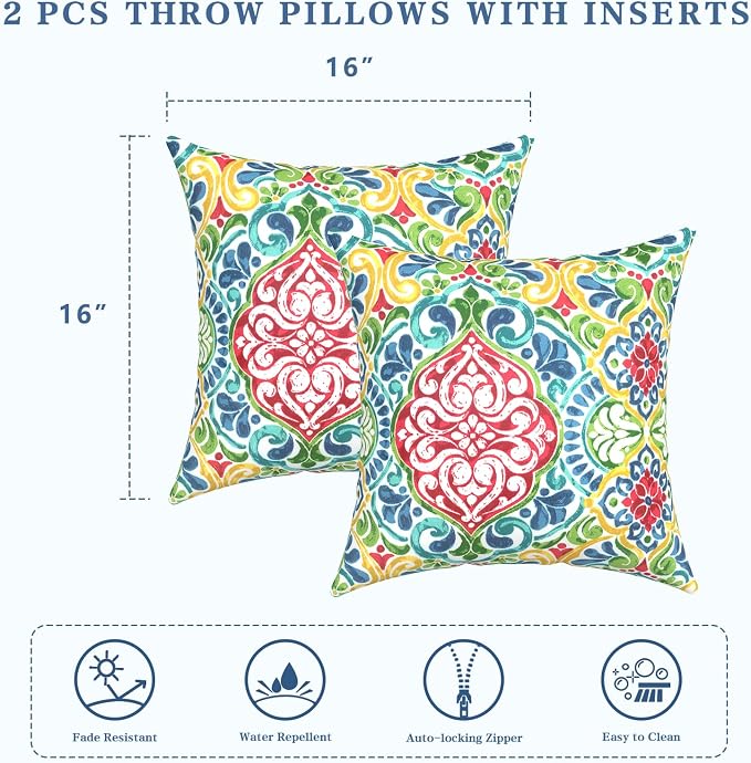 LVTXIII Outdoor Throw Pillows, Decorative Throw Pillows with Inserts, 16"x16" Square Pillows for Bed, Couch, Sofa and Patio Furniture, Set of 2, Damask Red