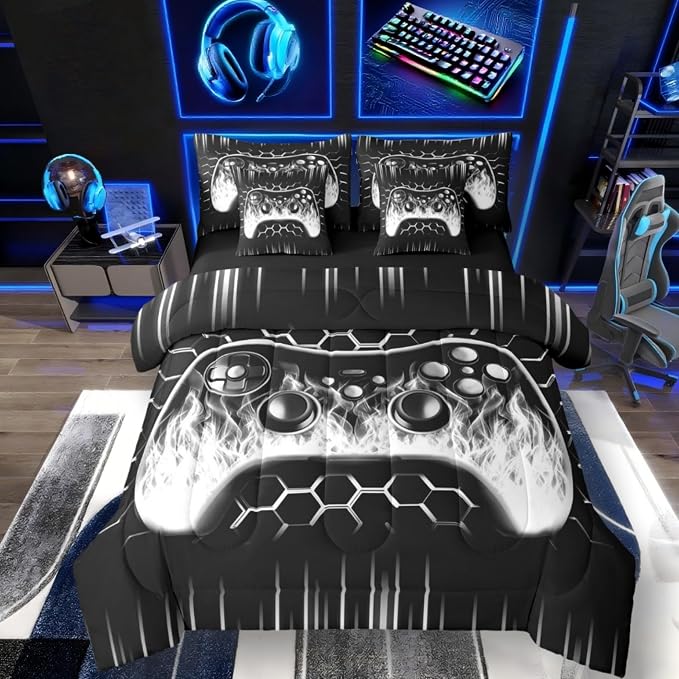 Erosebridal Boys Gaming 7 Piece Comforter Set Full Bed in a Bag Ombre Art Honeycomb Bedding Set Grey Neon Lights Sheet Set Game Console Bed Set Geometric Hexagon Beehive Gaming Room Decor