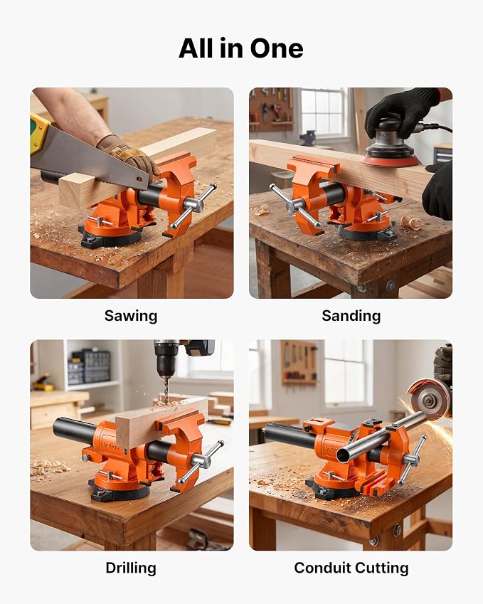 VEVOR Heavy Duty Bench Vise, 6" Jaw Width, Double Swivel Rotating Multi-Purpose Bench Vise, with 360° Locking Swivel Base and Head, 2.8" Throat Depth, 6" Max Jaw Opening, for Drilling, Pipe Cutting
