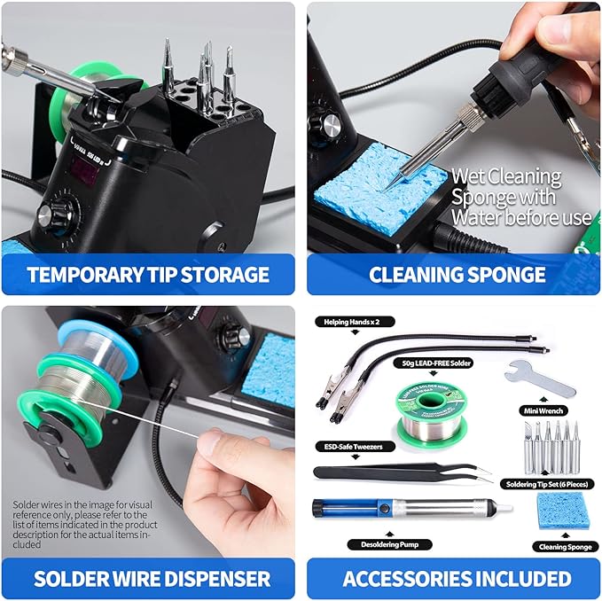 YIHUA 926 III 60W Digital Display Soldering Iron Station Kit w 2 Helping Hands, 6 Extra Iron Tips, Lead-Free Solder, Solder Sucker, S/S Tweezers, °C/ºF Conversion, Auto Sleep & Calibration Support