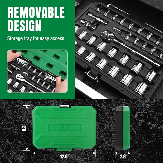 SK 1/4" & 3/8" Drive Socket Set with 72-Tooth Ratchet, 34-Piece, SAE&Metric | Pear Head Ratchet, SuperKrome Finish, Premium CR-V Steel, SureGrip 6 Point Design, Storage Suitcase